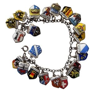 Vintage European Silver Enamel Travel Shield Charm Bracelet 22 Charms